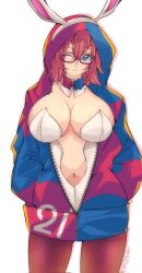 1girl 1girls android android_21 android_21_(human) arc_system_works baggy_clothing bandai_namco belly_button big_breasts blue_eyes blue_ribbon brown_hair bunny_ears bunnysuit clothed dragon_ball dragon_ball_fighterz fanart female fishnets glasses hood_up hoodie messy_hair omochi_db one_eye_closed red_ribbon ribbon short_hair voluptuous voluptuous_female vomi_(dragon_ball)