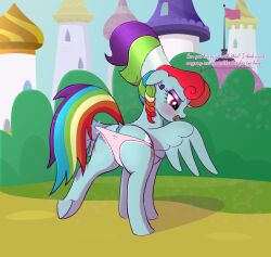 absurd_res alternate_hairstyle anus blonde_hair blue_body blue_feathers blue_hair blue_tail blush braided_hair castle clothing cutie_mark dialogue digital_media_(artwork) dock ear_piercing english_text equid equine equine_anus eyeshadow feathered_wings feathers female feral flag friendship_is_magic green_hair green_tail hair hasbro hi_res hooves lipstick magic makeup mammal mane mizhisha multicolored_hair multicolored_tail my_little_pony open_mouth orange_hair orange_tail panties pegasus piercing pink_clothing pink_panties pink_underwear purple_eyeshadow purple_hair purple_tail rainbow_dash_(mlp) rainbow_hair rainbow_tail red_hair red_lipstick red_tail tail telekinesis text underhoof underwear wings yellow_tail