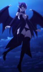 1girls ass black_hair breasts classroom_for_heroes cleavage clothing demon_girl demon_wings hips horns large_ass large_breasts monster_girl panties pointy_ears red_eyes screencap screenshot thick_thighs thighhighs thighs tummy wings