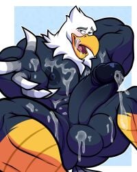 absurd_res accipitrid accipitriform albertcrow animal_crossing anthro apollo_(animal_crossing) avian balls bara bird bodily_fluids cum cum_in_penis cum_on_balls cum_on_chest cum_on_hand cum_on_leg cum_on_tongue eagle ejaculation erection gay genital_fluids genitals hi_res male nintendo penis solo tongue