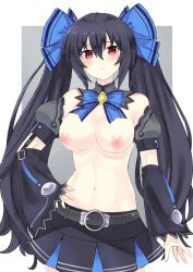 bare_midriff bare_shoulders black_hair blush breasts closed_mouth detached_collar front_view hair_ribbon hand_on_hip light_skinned_female long_hair looking_at_viewer neptunia_(series) nipples noire open_clothes red_eyes ribbon skirt solo twintails zatsu