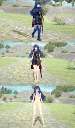 1girls 3d barefoot blue_hair breasts completely_nude completely_nude_female dissolving_clothes female female_only fire_emblem fire_emblem_awakening long_hair lucina_(fire_emblem) navel nipples nude nude_female retropunch solo wardrobe_malfunction