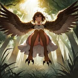 1girls 2023 ai_generated anime_nose attack attacking_viewer bird_feet brown_eyes brown_hair clothed_female dress feathered_wings feathers forest forest_background harpy harpy_girl panties short_hair smirk smirking smirking_at_viewer stable_diffusion talons wings