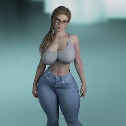 1girls 3d 3d_(artwork) annette_birkin ass big_ass big_breasts blender blender_(software) blonde_female blonde_hair blue_eyes breasts capcom female female_focus female_only fully_clothed glasses gm_studios midriff milf pinup pinup_pose pose resident_evil resident_evil_2 resident_evil_2_remake solo tagme thick_thighs