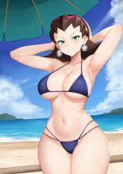 1girls ai_generated aoi_umik armpits arms_behind_head arms_up beach big_breasts bikini breasts busty confident large_breasts legs mega_man mega_man_legends mega_man_x_dive navel pose posing sexy_armpits smile stable_diffusion swimsuit thighs tron_bonne voluptuous