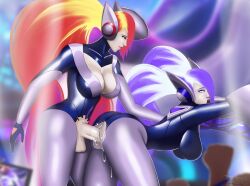 1futa 1girls ahe_gao anmatiel balls bent_over big_breasts big_penis blue_hair breasts clothed clothing dj_sona dj_sona_concussive dj_sona_ethereal duo erection female futa_on_female futanari human latex latex_suit league_of_legends light-skinned_female light-skinned_futanari light_skin mostly_clothed pale-skinned_female pale-skinned_futanari pale_skin penis red_hair riot_games rolling_eyes selfcest sona_buvelle standing twintails vaginal_penetration vaginal_sex