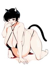 all_fours black_hair cat_ears cat_pose cat_tail catgirl hanging_belly huge_belly hyper_pregnancy kyattorosu licking_hand lingerie milf pregnant sagging_breasts