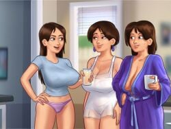 2d 3girls areolae big_breasts bottomwear bra breasts breasts_out brown_hair cameltoe cleavage clothed clothing coffee coffee_cup coffee_mug curvy curvy_body curvy_female curvy_figure darkcookie debbie_(summertime_saga) diane_(summertime_saga) digital_drawing_(artwork) digital_media_(artwork) drink ear_piercing earrings excited female female_focus female_only hand_on_hip happy holding holding_drink holding_glass holding_object huge_breasts jenny_(summertime_saga) kitchen light-skinned_female light_skin long_hair looking_at_another looking_at_partner multiple_girls nipples no_bra panties piercing piercings pussy_peek robe room see-through see-through_clothing shirt sisters smile smiling standing summertime_saga thick_thighs topwear trio underwear yuri