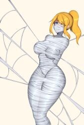 1girls asphyxiation big_breasts blonde_hair blue_eyes bondage cocoon female fetish metroid mummification nintendo samus_aran spider_web struggling suffocation sugarvoids thick_ass thick_thighs web_bondage webbed webbed_feet webbed_hands webbing