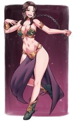 1girls absurdres alternate_hairstyle bare_legs belly_dancer belly_dancer_outfit bikini bra breasts brown_hair chained_collar chains cleavage collar collar_and_leash cosplay dancer dancer_outfit dancing dorothea_arnault dracksart earrings female female_only femsub fire_emblem fire_emblem:_three_houses fire_emblem_warriors:_three_hopes full_body green_eyes harem_girl harem_outfit highres holding holding_chain human human_only jewelry large_breasts legs light-skinned_female light_skin loincloth long_hair looking_at_viewer metal_bikini midriff navel nintendo official_alternate_hairstyle open_mouth pelvic_curtain sideboob slave slave_bikini slave_collar slave_leia_(cosplay) slave_outfit slavegirl smile solo star_wars swimsuit