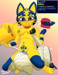 1boy1girl animal_crossing ankha ankha_(animal_crossing) anthro areola breasts corruption cunnilingus domestic_cat dominant dominant_female duo felid feline felis female genitals hi_res male malesub mammal mooglepom mummification mummified nintendo nipples nude oral pussy raymond_(animal_crossing) seduction_techniques sex vaginal_penetration