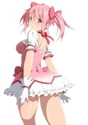 1girls alternate_breast_size artist_request ass ass_peek back back_view bow choker female female_only frills hair_ribbon heart heart_cutout long_legs looking_at_viewer looking_back madoka_kaname magic_user magical_girl magical_girl_outfit mahou_shoujo_madoka_magica medium_breasts naughty_face pink_eyes pink_hair pink_ribbon puella_magi_madoka_magica ribbon ribbons sideboob simple_background small_breasts solo solo_female standing thick_thighs thighs twintails white_background