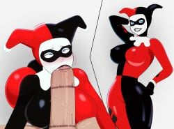 1boy 1girls ass batman:_the_animated_series batman_(series) before_and_after big_penis biting_lip black_lipstick blowjob blue_eyes bodysuit breasts dark_lipstick dc dc_comics dcau deepthroat_mark domino_mask eye_contact fellatio female g3mma gigantic_penis harley_quinn harley_quinn_(classic) hi_res huge_breasts imminent_oral jester_cap kneeling large_breasts large_penis lipstick lipstick_mark lipstick_on_penis long_penis makeup male male_pov oral oral_sex pov red_lipstick seductive_eyes seductive_smile straight thick_thighs tight_clothing twintails uncensored white_makeup wide_hips