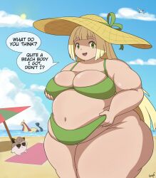 1girls bbw beach belly big_belly big_breasts bikini blonde_hair breasts cleavage dialogue fat female green_eyes grip5 lillie_(pokemon) obese overweight pokemon text