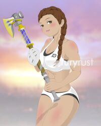 axe big_thighs blush braided_pigtails brown_eyes brown_hair carla_(dead_island) dark_skin dead_island dead_island_2 fire_axe furyrust muscles muscular_arms muscular_female muscular_thighs six_pack sports_bikini sports_bra thigh_blush white_bikini_bottom white_bikini_top