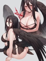 1girls angel_wings ass babydoll bare_shoulders black_hair black_wings blue_archive blush breasts camisole choker cleavage fallen_angel feathered_wings female female_only hair_between_eyes halo hasumi_(blue_archive) highres huge_breasts iwbitu justice_task_force_(blue_archive) light-skinned_female light_skin lingerie long_hair looking_at_viewer low_wings mole mole_under_eye multiple_views red_eyes sitting solo trinity_general_school_student very_long_hair voluptuous wings