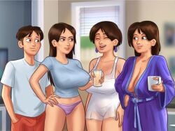 1boy 2d 3girls areolae big_breasts bottomwear bra breasts brown_hair cameltoe cleavage closed_eyes clothed clothing coffee coffee_cup coffee_mug curvy curvy_body curvy_female curvy_figure darkcookie debbie_(summertime_saga) diane_(summertime_saga) digital_drawing_(artwork) digital_media_(artwork) drink ear_piercing earrings excited female female_focus hand_on_hip happy holding holding_drink holding_glass holding_object huge_breasts jenny_(summertime_saga) kitchen laugh laughing light-skinned_female light-skinned_male light_skin long_hair looking_at_another looking_at_partner main_character_(summertime_saga) male male/female nipples no_bra panties piercing piercings pussy_peek robe room see-through see-through_clothing shirt shorts sisters smile smiling standing summertime_saga thick_thighs topwear underwear