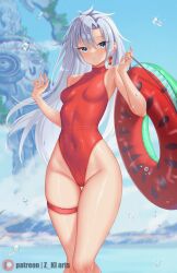 1girls a_(xenoblade) bare_shoulders beach blue_eyes breasts core_crystal curvy detailed_background ear_piercing ear_ring earrings female female_only highres hourglass_figure latex long_hair midriff monolith_soft navel nintendo one-piece_swimsuit pool_float red_swimsuit silver_hair slim_waist small_breasts swimsuit thick_thighs thighs very_long_hair water wet wide_hips xenoblade_(series) xenoblade_chronicles_3 xenoblade_chronicles_3:_future_redeemed z-ki