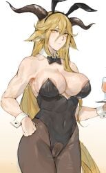 1girls animal_ears areolae areolae_slip arknights belly_button belly_button_visible_through_clothing blush bowtie breasts bunnysuit covered_nipples degenbrecher_(arknights) detached_collar drinking_glass eyebrows_visible_through_hair female female_only female_pubic_hair glass goat_ears goat_girl goat_horns horns huge_breasts laserflip leotard light-skinned_female light_skin pantyhose pubic_hair pubic_hair_visible_through_clothing pussy pussy_visible_through_clothes rosaline solo waitress wrist_cuffs yellow_eyes