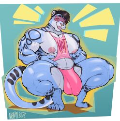 2023 absurd_res anthro big_pecs bulge clothing crouching detailed_bulge eyewear felid furry hi_res male mammal marlon.cores muscular muscular_male nipples original original_character pan_(sxfpantera) pantherine pecs shutter_shades simple_background snow_leopard solo underwear