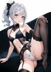 1girls ai_generated bangs black_bow black_garter_belt black_lingerie black_stockings blue_eyes bow feet feet_in_stockings female female_only garter_belt garter_straps leg_raised lingerie looking_at_viewer on_sofa panties ponytail silver_hair small_breasts solo_female stockings white_panties white_skin