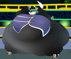 bbw black_bodysuit black_horns clothed clove_the_pronghorn energy_weapon fat fat_arms fat_belly fat_breasts female green_fur massive_belly massive_breasts milk-knight mobian_(species) scythe sonic_(series) sonic_the_hedgehog_(archie) sonic_the_hedgehog_(comics) sonic_the_hedgehog_(series) ssbbw weight_gain