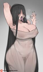 armpits arms_behind_head black_hair blush bobtheneet breasts censored cleavage covered_erect_nipples dress fellatio_gesture female fingernails ghost_girl hair_over_eyes highres huge_breasts no_panties open_mouth sharp_fingernails solo standing sweat the_ring thighs tongue tongue_out yamamura_sadako