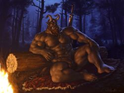 2022 abs balls biceps captaingerbear dark-skinned_male dark_skin digital_drawing_(artwork) digital_media_(artwork) ear_piercing ear_ring foreskin genitals grass hi_res horn humanoid male male_only melee_weapon muscular muscular_humanoid muscular_male night nipples nude orc orc_male outside pecs penis piercing plant ring_piercing sitting solo sword tree tusks weapon