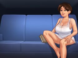 1girls 2d areolae big_breasts book bottomwear bra breasts brown_hair brown_hair cleavage clothed clothing couch darkcookie diane_(summertime_saga) digital_drawing_(artwork) digital_media_(artwork) ear_piercing earrings female female_focus female_only horny horny_female light-skinned_female light_skin living_room looking_down nipples on_couch piercing piercings room see-through see-through_clothing sitting smile smiling solo solo_focus summertime_saga topwear