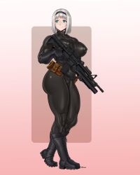 1girls anna_nishikinomiya belt blue_eyes casual clothing einom female firearm footwear gun human latex muscle muscular_female pale_skin rifle shimoneta_to_iu_gainen_ga_sonzai_shinai_taikutsu_na_sekai skin_tight solo tagme weapon white_hair