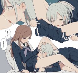 2girls bang_dream! blue_eyes blue_shirt blue_skirt blush brown_eyes brown_hair coldcat. commentary_request cunnilingus cute ear_blush female female_only grey_hair hair_ornament hairclip hand_on_another's_head highres long_hair long_sleeves multiple_girls multiple_views nagasaki_soyo neckerchief oral purple_neckerchief sailor_collar school_uniform serafuku shirt skirt speech_bubble sweat tongue tongue_out translation_request wakaba_mutsumi white_sailor_collar wholesome yuri