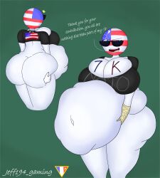 1girls 1other belly belly_expansion belly_inflation big_ass big_belly countryhumans countryhumans_girl english_text expanded_belly expansion fat female fetish grabbing_belly green_background huge_ass inflated_belly inflation inflation_fetish jeff194 simple_background text united_states_of_america_(countryhumans) vore_belly watermark