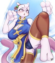 2023 2_toes 3_fingers absurd_res anthro anthro_only barefoot big_breasts blush breasts camel_toe capcom chun-li_(cosplay) cleavage cleavage_cutout clothed clothing eyebrows feet female fingers generation_1_pokemon hi_res huge_breasts legendary_pokemon legwear martial_arts_style_mewtwo mewtwo nintendo open_mouth panties pink_tail pokémon_(species) pokemon pokemon_(species) pokemon_unite signature solo tail thigh_highs toes underwear vixie00 white_body