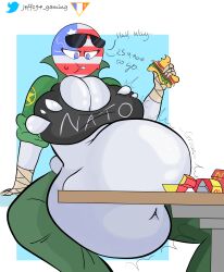 1girls belly belly_expansion belly_inflation big_belly countryhumans countryhumans_girl english_text expanded_belly expansion fat female food inflated_belly inflation inflation_fetish jeff194 mcdonald's simple_background text united_states_of_america_(countryhumans) vore watermark white_background