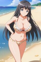 1girls ai_generated big_breasts bikini bikini_bottom bikini_top black_hair blue_eyes breasts busty cleavage cleft_of_venus collarbone curvaceous curves curvy curvy_body curvy_female curvy_figure curvy_hips eroge!_h_mo_game_mo_kaihatsu_zanmai facing_viewer female female_focus female_only front_view hand_on_hip hands_behind_back himeno_kisara hips large_breasts long_hair looking_at_viewer shiny_hair shiny_skin smile smiling smiling_at_viewer smug smug_expression smug_smile sole_female solo solo_female solo_focus tagme thick_thighs thighs very_long_hair voluptuous voluptuous_female wide_hips