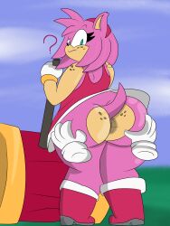 3:4 absurd_res amy_rose anus ass bottomless butt_grab chibitay clothed clothing countershade_butt countershade_face countershading eulipotyphlan female freckles freckles_on_butt freckles_on_face freckles_on_shoulders hammer hand_on_butt hedgehog hi_res mammal question_mark sega sonic_(series) sonic_the_hedgehog_(series) spread_anus spread_butt spreading tools