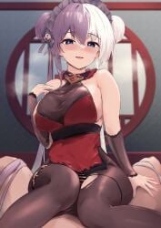 1boy 1girls alternate_costume azur_lane bar_censor blue_eyes blush breasts censored clothed_female_nude_male double_bun dragon_empery_(azur_lane) headdress huge_breasts indoors light-skinned_female light-skinned_male light_skin looking_at_viewer male_pov nose_blush official_alternate_costume oza_osuwari penis pov purple_hair textless thigh_sex two_tone_hair white_hair ying_swei_(azur_lane) ying_swei_(frolicking_flowers,_verse_i)_(azur_lane)