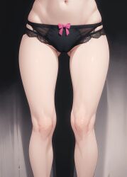 ai_generated black_lace_panties black_panties bow_panties cameltoe female lace lace-trimmed_panties legs lower_body navel panties pink_bow plain_background stable_diffusion thigh_gap white_skin