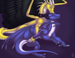 absurd_res anus blue_body blue_eyes blue_scales claws dragon duo feathered_wings feathers feet female feral fingering foreplay genitals hi_res horn male male/female mothrianna pussy scales scalie spread_legs spreading western_dragon wings yellow_body yellow_scales