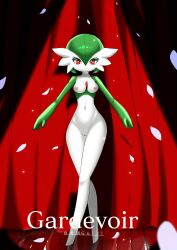 absurdres artist_name barefoot bob_cut breasts character_name chinese_commentary closed_mouth collarbone colored_eyelashes colored_skin commentary_request completely_nude crossed_legs curtains english_commentary english_text engrish_commentary female full_body gardevoir green_hair green_skin groin gui_li hair_between_eyes happy highres legs looking_at_viewer mixed-language_commentary multicolored_skin narrow_waist navel nipples nude personification petals pokemon pokemon_(species) pussy red_background red_eyes reflective_floor short_hair small_breasts smile solo split_mouth spotlight standing stomach thighs twitter_username two-tone_skin uncensored watermark watson_cross white_skin wooden_floor