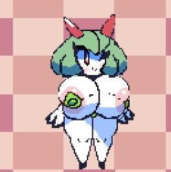 1girls ;) adorable big_ass big_breasts big_butt breasts busty cubesmolly cute green_hair happy happy_female huge_breasts kirlia pixel_art pokemon pokemon_(species) pokemon_only red_eyes shortstack small_but_busty smiling standing thick_thighs white_body white_skin wink winking