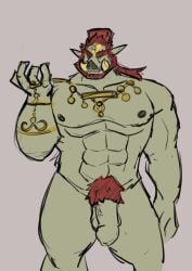 anthro bara beard facial_hair flaccid furry ganon ganondorf ganondorf_(tears_of_the_kingdom) gerudo green_skin hickeybickeyboo jewelry male male_only muscles muscular nintendo nude red_hair solo solo_male suina sus_(pig) tears_of_the_kingdom the_legend_of_zelda tusks