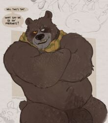 absurd_res anthro bear belly biceps blind_eye blush brown_body brown_fur crossed_arms dialogue dreamworks english_text fur gay genitals grey_hair grin hair hairy hi_res male mammal mature_anthro mature_male mostly_nude musclegut muscular muscular_male nipples overweight overweight_male papa_bear papa_bear_(puss_in_boots) pecs penis puss_in_boots_(dreamworks) puss_in_boots_the_last_wish scarf scarf_only smile solo tail talking_to_viewer text xeoniios yellow_sclera