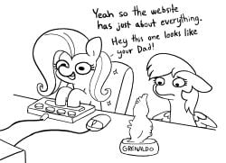 bad_dragon black_and_white computer computer_mouse dialogue dildo duo duo_female english_text equid equine escii_keyboard explicit female floppy_ears fluttershy_(mlp) friendship_is_magic frown greyscale hair_on_head hasbro horse implied_bow_hothoof keyboard mammal monochrome my_little_pony open_mouth open_smile pegasus pony rainbow_dash_(mlp) sex_toy simple_background smile text tjpones white_background wings