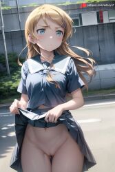 ai_generated ass_visible_through_thighs bangs blonde_hair blue_eyes blush breasts clothes_lift cowboy_shot edosynf exhibitionism female hair_ornament hairclip highres kousaka_kirino lifted_by_self long_hair neckerchief no_panties ore_no_imouto_ga_konna_ni_kawaii_wake_ga_nai outdoors pleated_skirt public_indecency pussy sailor_collar school_uniform serafuku shirt short_sleeves skirt skirt_lift solo web_address