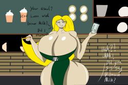 barista blonde_hair employee employee_uniform green_apron hyper_breasts iced_latte_with_breast_milk original_character stacy_(strangefun) starbucks strangefun thick_thighs