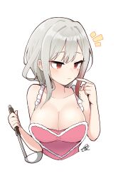 alex_(counter:side) apron bare_arms bare_shoulders breasts cleavage closed_mouth collarbone counter:side cropped_torso female frills gradient_hair grey_hair hand_up heart highres holding junsuina_fujunbutsu ladle large_breasts long_hair looking_to_the_side mole mole_on_breast mole_under_eye multicolored_hair naked_apron notice_lines pink_apron red_eyes sidelocks signature simple_background solo white_background