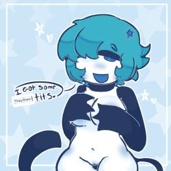 artist_signature blue_background blue_eyes blue_hair breasts chubby cloversloafers creature english_text magpie_(blacklight) no_sex not_furry oc pussy weird_hands white_skin