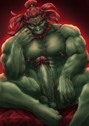 bara beard big_penis boner erection facial_hair ganondorf ganondorf_(tears_of_the_kingdom) gerudo green_skin male male_only mongmonty muscles muscular nintendo nude red_hair sitting solo solo_male spread_legs tears_of_the_kingdom the_legend_of_zelda