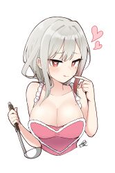 2_hearts :q alex_(counter:side) apron bare_arms bare_shoulders breasts cleavage closed_mouth collarbone counter:side cropped_torso female frills gradient_hair grey_hair hand_up heart heart-shaped_pupils highres holding junsuina_fujunbutsu ladle large_breasts long_hair looking_at_viewer mole mole_on_breast mole_under_eye multicolored_hair naked_apron pink_apron red_eyes sidelocks signature simple_background smile solo symbol-shaped_pupils tongue tongue_out white_background